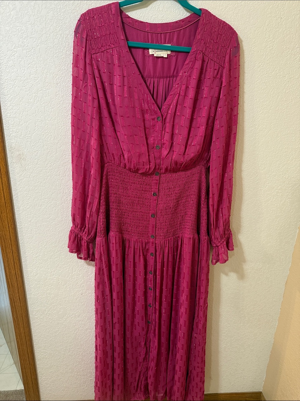 Anthropologie Fuchsia Long-Sleeve Button-Front Maxi Dress